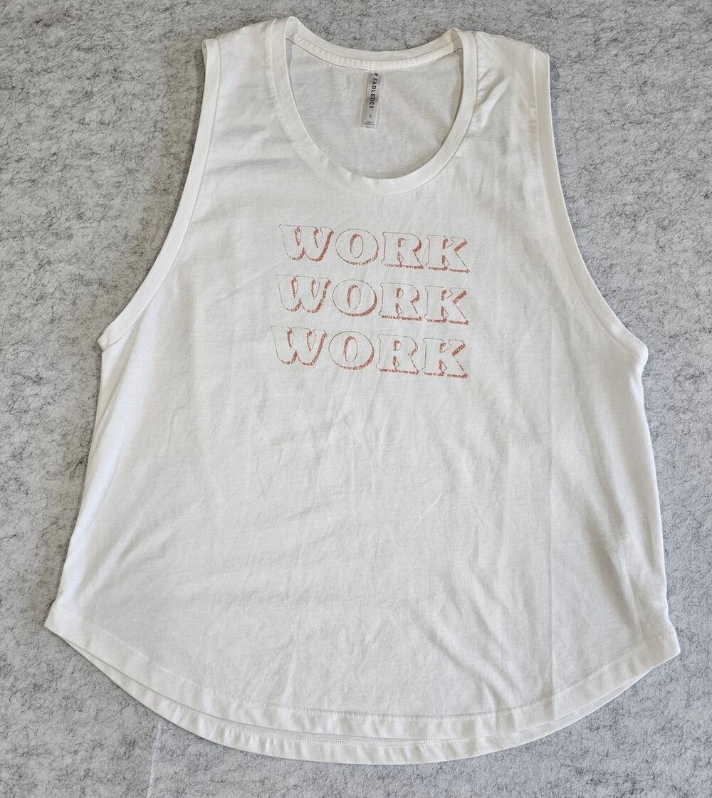Fabletics Janis Muscle Tank Work Work Work White Graphic Gym Athleisure Sz S